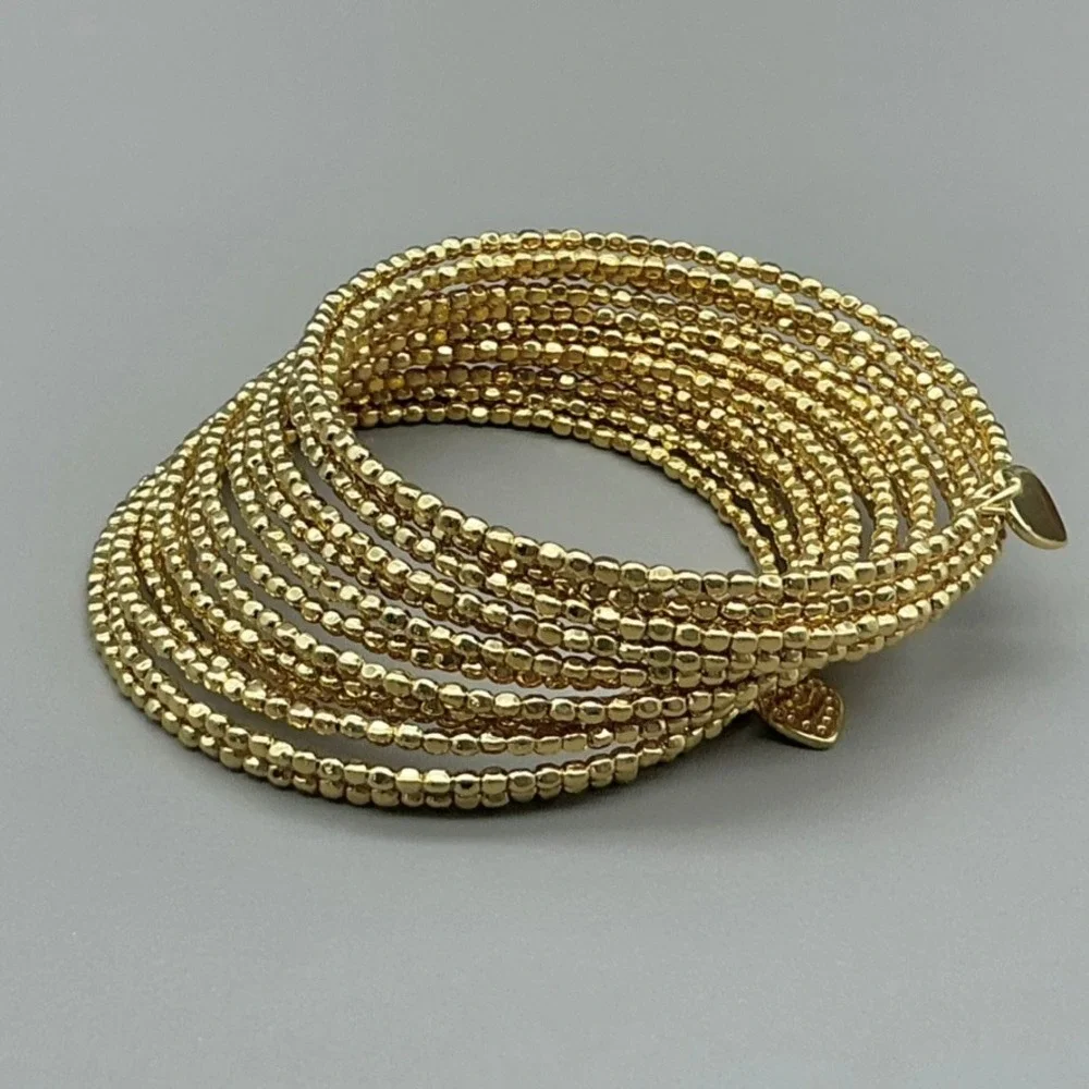 Bracelet Women Gold Tone Beaded Multi Strand Heart Charm Wrap Cuff 7.25 In